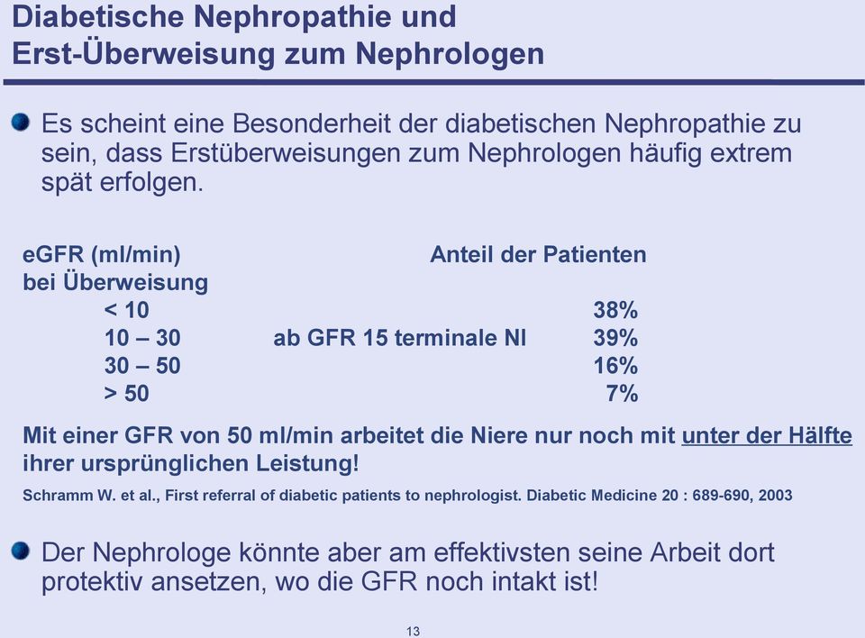 egfr (ml/min) Anteil der Patienten bei Überweisung < 10 38% 10 30 ab GFR 15 terminale NI 39% 30 50 16% > 50 7% Mit einer GFR von 50 ml/min arbeitet die Niere