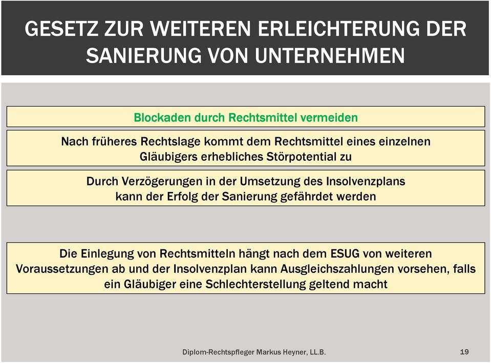 Erfolg der Sanierung gefährdet werden Die Einlegung von Rechtsmitteln hängt nach dem ESUG von weiteren Voraussetzungen ab und der