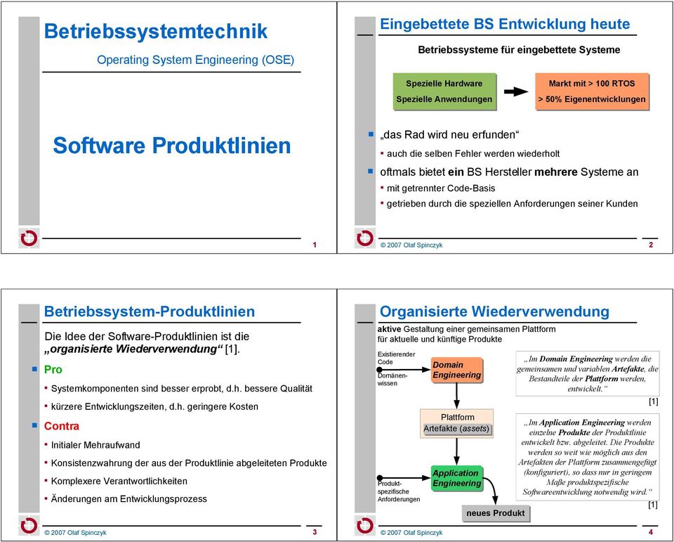 durch die speziellen Anforderungen seiner Kunden 1 2007 Olaf Spinczyk 2 Betriebssystem-Produktlinien Die Idee der Software-Produktlinien ist die organisierte Wiederverwendung [1].