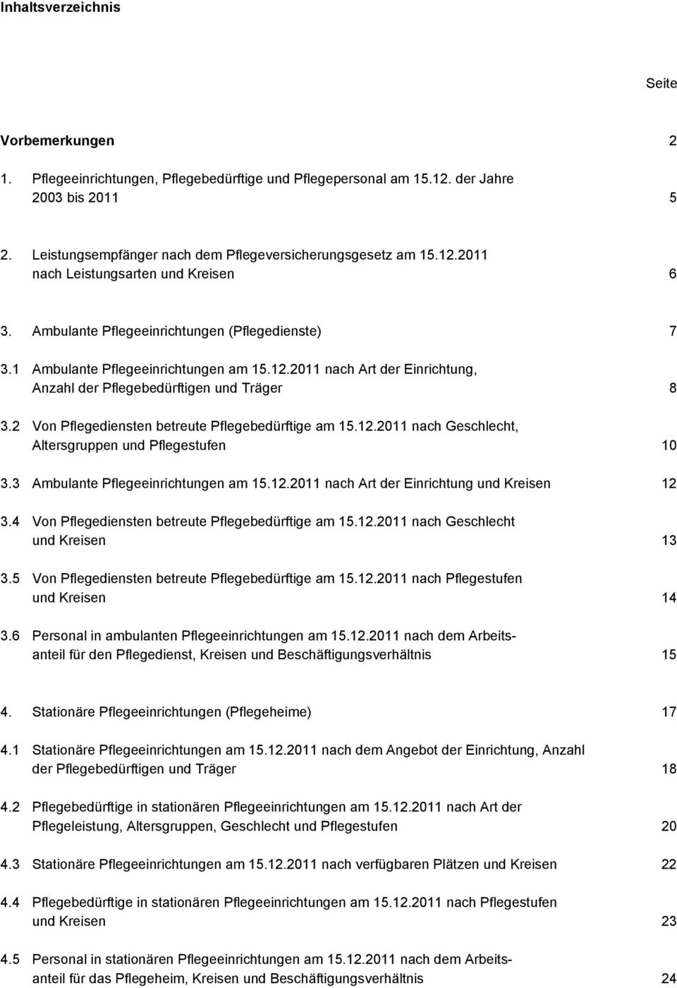 2 Von Pflegediensten betreute Pflegebedürftige am 15.12.2011 nach Geschlecht, Altersgruppen und Pflegestufen 10 3.3 Ambulante Pflegeeinrichtungen am 15.12.2011 nach Art der Einrichtung und Kreisen 12 3.