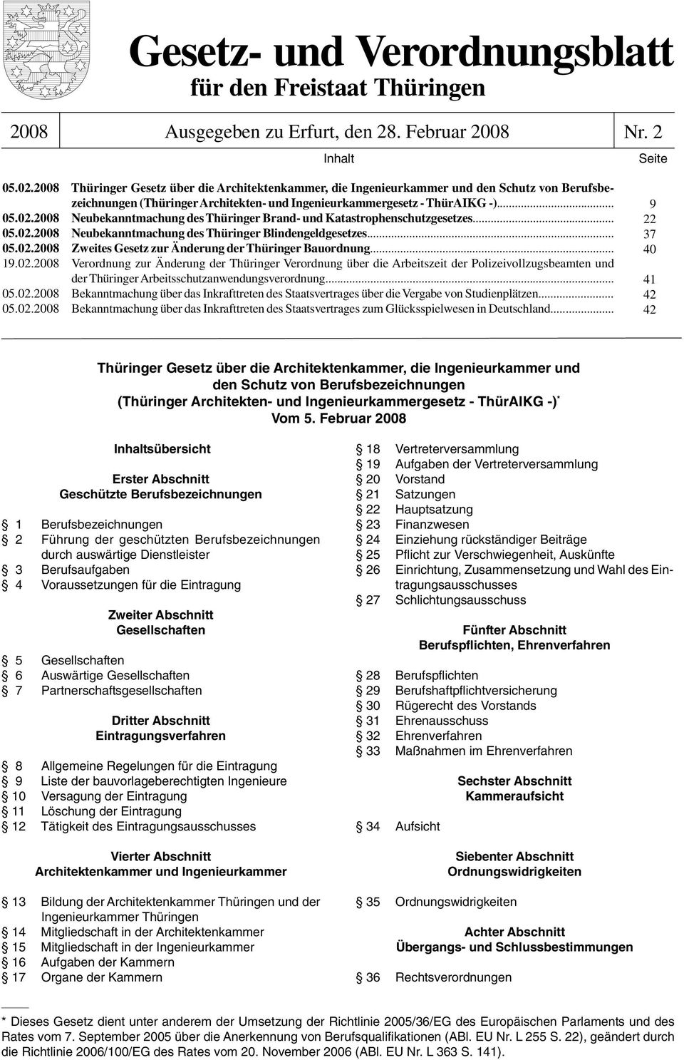 2008 Neubekanntmachung des Thüringer Brand- und Katastrophenschutzgesetzes... 05.02.2008 Neubekanntmachung des Thüringer Blindengeldgesetzes... 05.02.2008 Zweites Gesetz zur Änderung der Thüringer Bauordnung.
