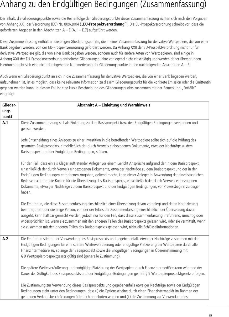 Diese Zusammenfassung enthält all diejenigen Gliederungspunkte, die in einer Zusammenfassung für derivative Wertpapiere, die von einer Bank begeben werden, von der EU-Prospektverordnung gefordert