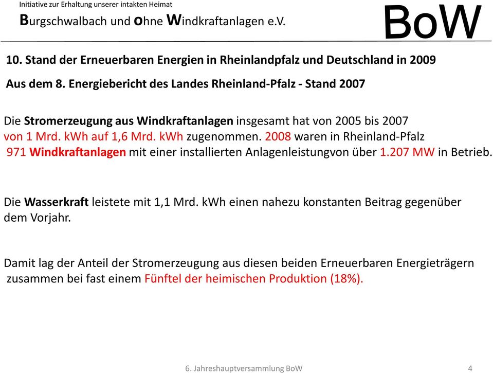 kwh auf 1,6 Mrd. kwh zugenommen. 2008 waren in Rheinland-Pfalz 971 Windkraftanlagenmit einer installierten Anlagenleistungvonüber 1.