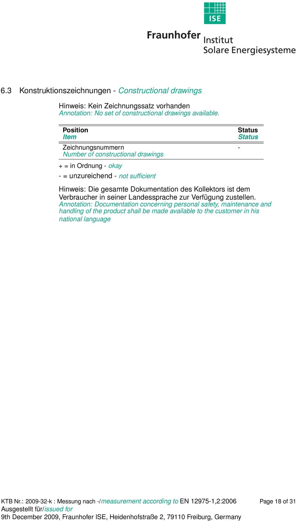 Position Item Zeichnungsnummern - Number of constructional drawings + = in Ordnung - okay - = unzureichend - not sufficient Status Status