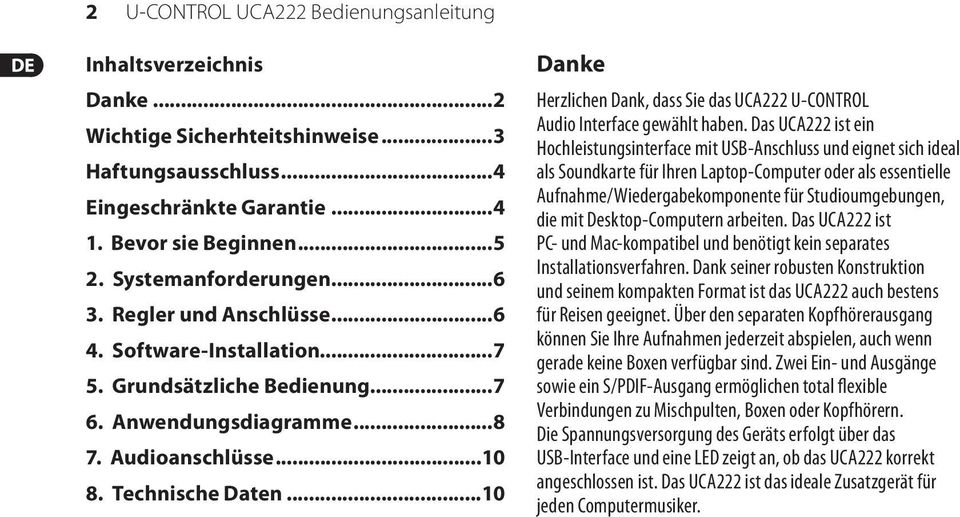 ..10 Danke Herzlichen Dank, dass Sie das UCA222 U-CONTROL Audio Interface gewählt haben.