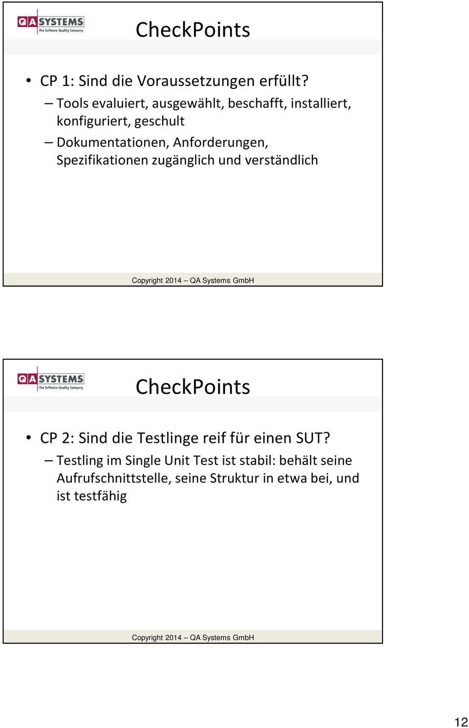 Anforderungen, Spezifikationen zugänglich und verständlich CheckPoints CP 2: Sind die Testlinge