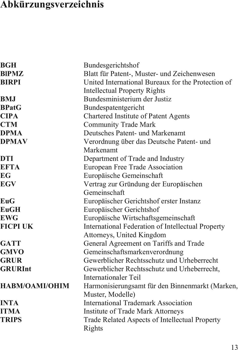 Community Trade Mark Deutsches Patent- und Markenamt Verordnung über das Deutsche Patent- und Markenamt Department of Trade and Industry European Free Trade Association Europäische Gemeinschaft