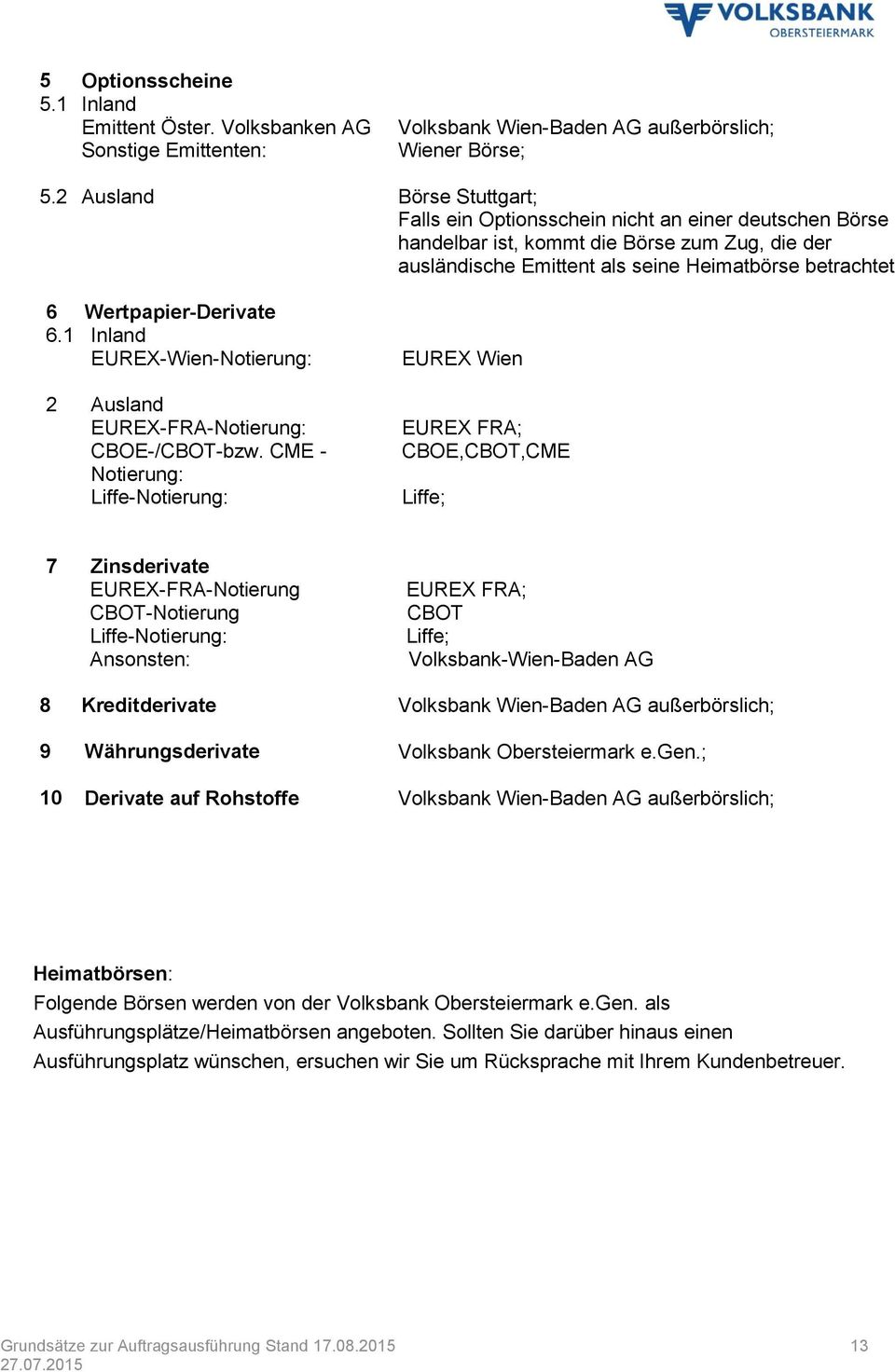 Wertpapier-Derivate 6.1 Inland EUREX-Wien-Notierung: 2 Ausland EUREX-FRA-Notierung: CBOE-/CBOT-bzw.