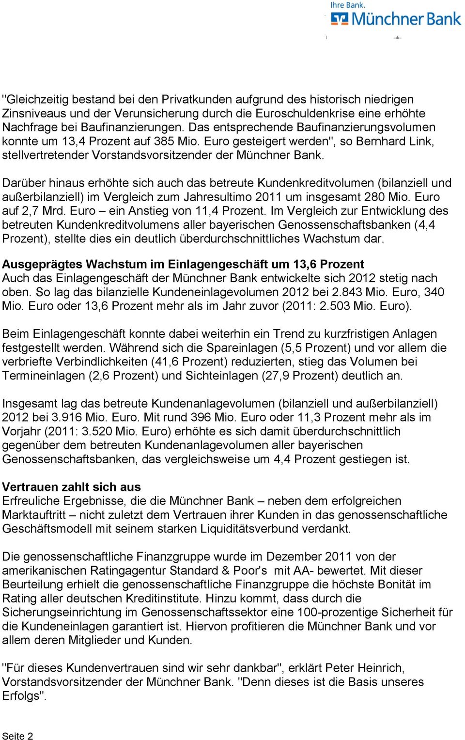 Darüber hinaus erhöhte sich auch das betreute Kundenkreditvolumen (bilanziell und außerbilanziell) im Vergleich zum Jahresultimo 2011 um insgesamt 280 Mio. Euro auf 2,7 Mrd.