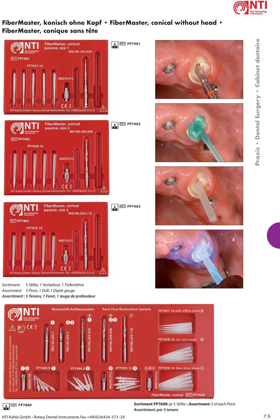 Assortiment : 5 Tenons, 1 Foret, 1 Jauge de profondeur FP7600 NTI-Kahla GmbH Rotary Dental Instruments