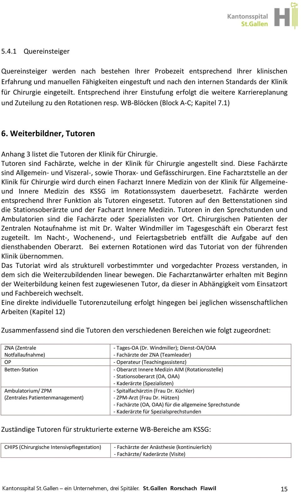 Weiterbildner, Tutoren Anhang 3 listet die Tutoren der Klinik für Chirurgie. Tutoren sind Fachärzte, welche in der Klinik für Chirurgie angestellt sind.