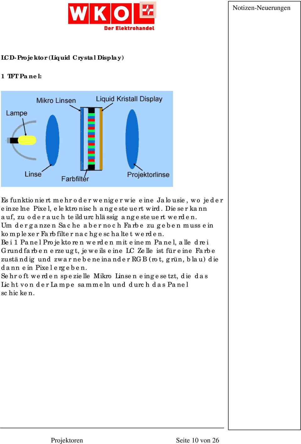 Bei 1 Panel Projektoren werden mit einem Panel, alle drei Grundfarben erzeugt, jeweils eine LC Zelle ist für eine Farbe zuständig und zwar nebeneinander RGB (rot,