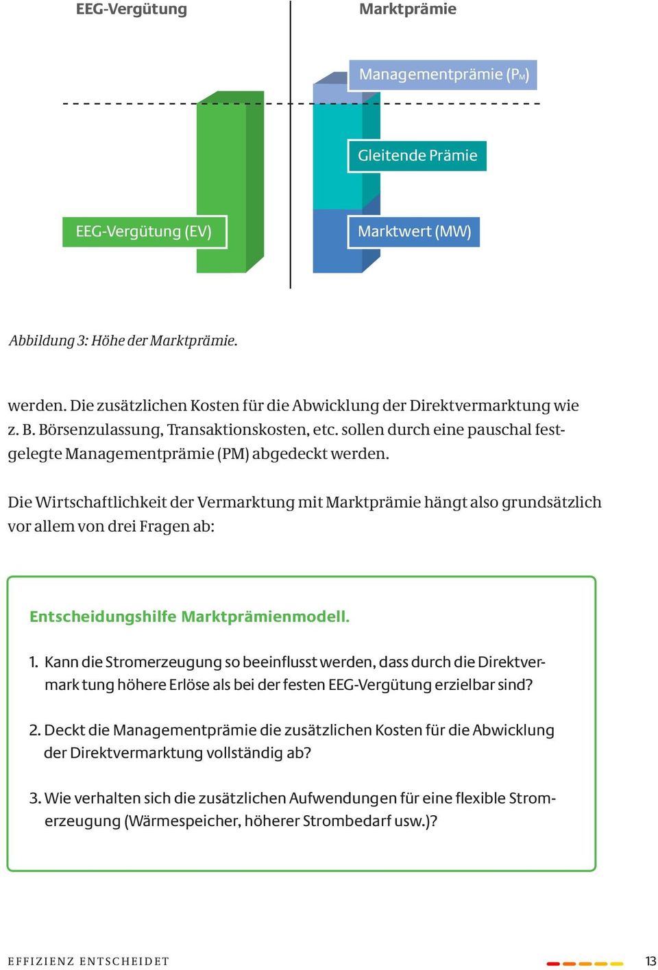 Die Wirtschaftlichkeit der Vermarktung mit Marktprämie hängt also grundsätzlich vor allem von drei Fragen ab: Entscheidungshilfe Marktprämienmodell. 1.