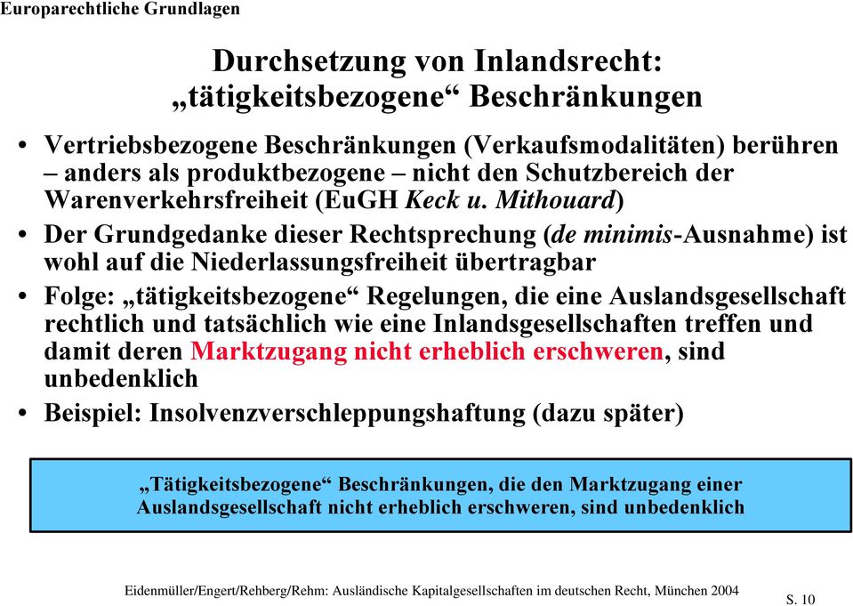 Mithouard) Der Grundgedanke dieser Rechtsprechung (de minimis-ausnahme) ist wohl auf die Niederlassungsfreiheit übertragbar Folge: tätigkeitsbezogene Regelungen, die eine Auslandsgesellschaft