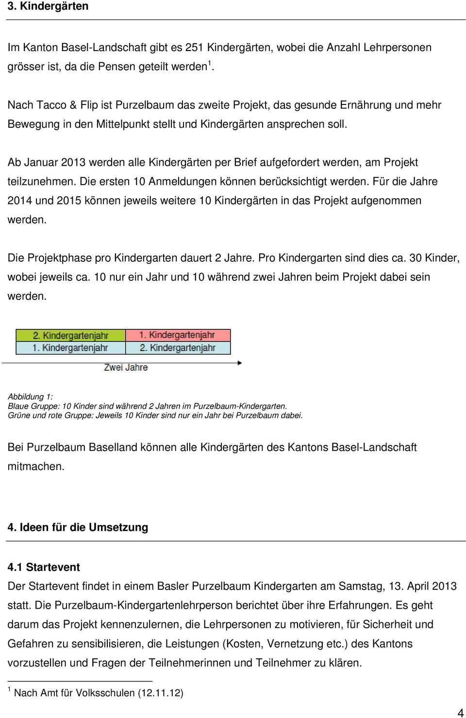 Ab Januar 2013 werden alle Kindergärten per Brief aufgefordert werden, am Projekt teilzunehmen. Die ersten 10 Anmeldungen können berücksichtigt werden.