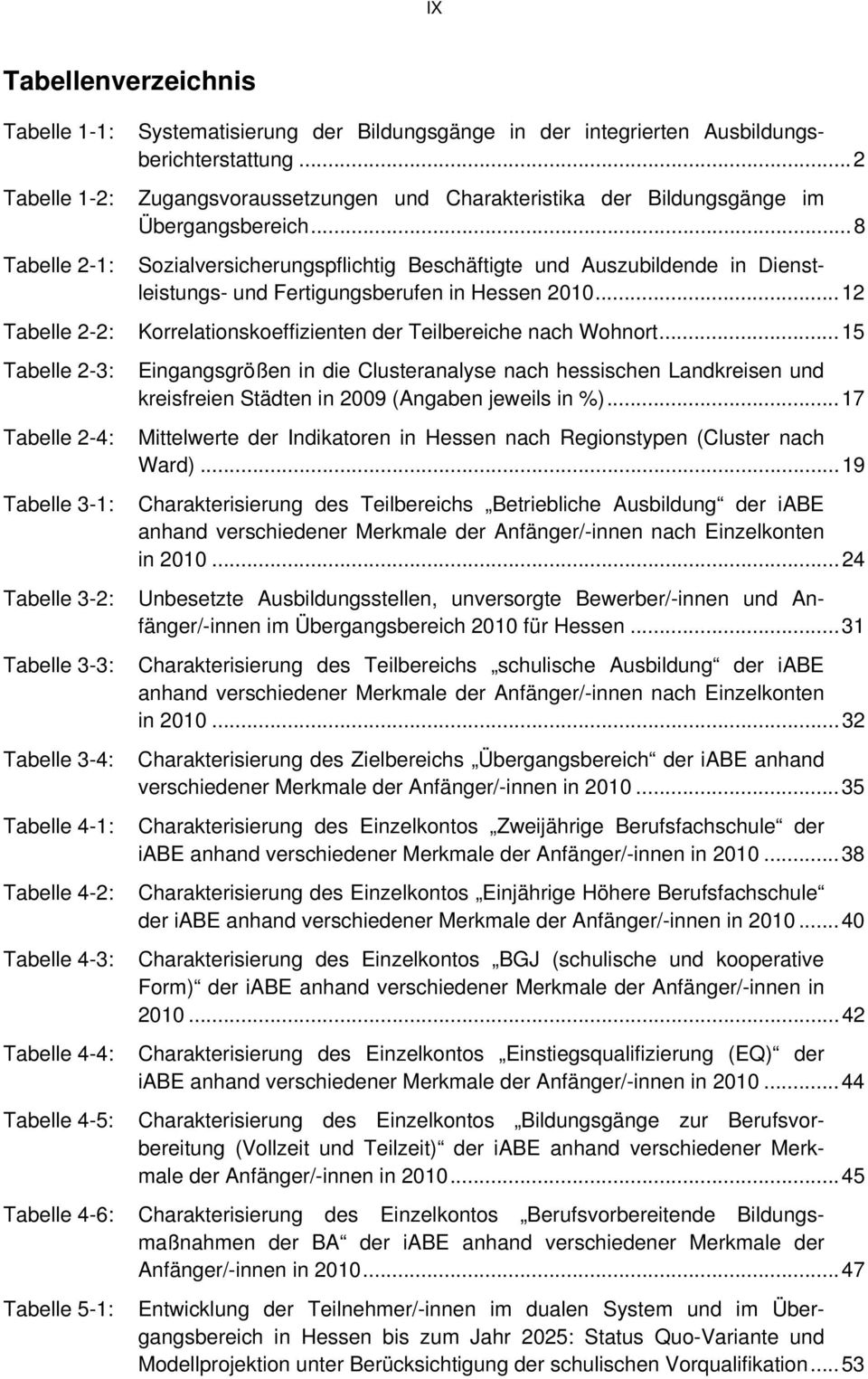 .. 8 Tabelle 2-1: Sozialversicherungspflichtig Beschäftigte und Auszubildende in Dienstleistungs- und Fertigungsberufen in Hessen 2010.