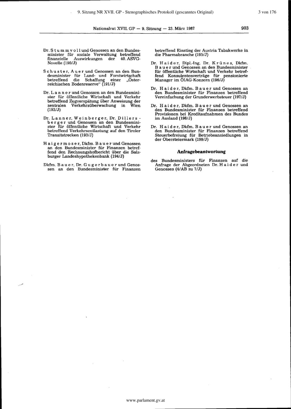 ASVG Novelle (190/J) S c h u s t er, Aue r und Genossen an den Bundesminister für Land- und Forstwirtschaft betreffend die Schaffung einer "Österreichischen Bodenreserve" (191/J) Dr.