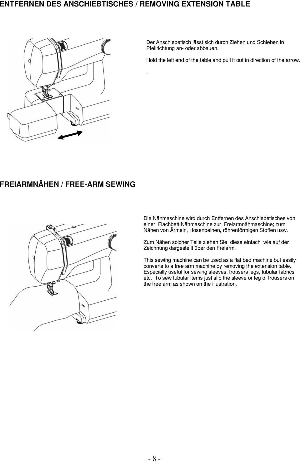 . FREIARMNÄHEN / FREE-ARM SEWING Die Nähmaschine wird durch Entfernen des Anschiebetisches von einer Flachbett Nähmaschine zur Freiarmnähmaschine; zum Nähen von Ärmeln, Hosenbeinen, röhrenförmigen