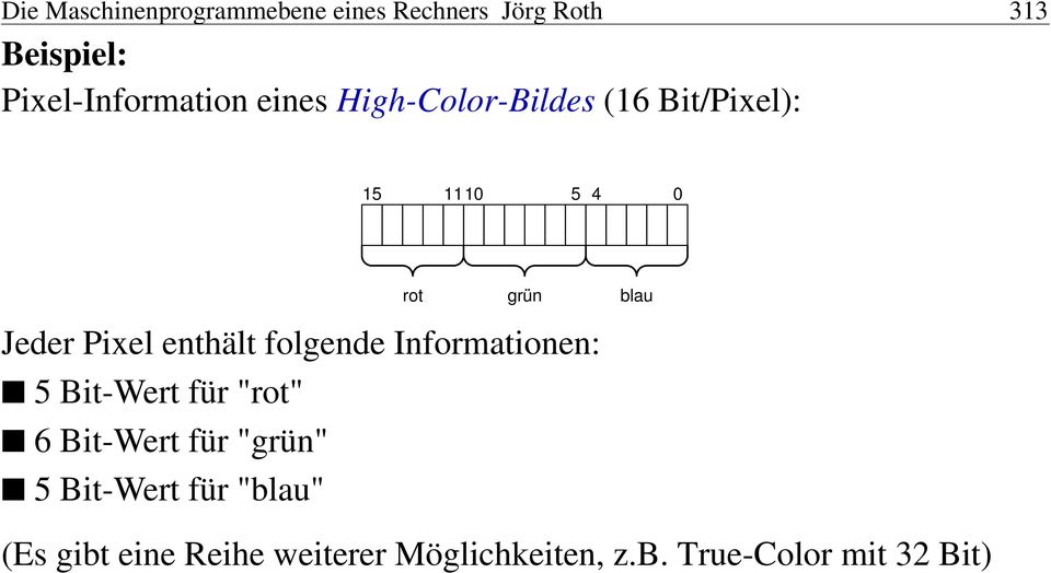 Pixel enthält folgende Informationen: 5 Bit-Wert für "rot" 6 Bit-Wert für "grün" 5
