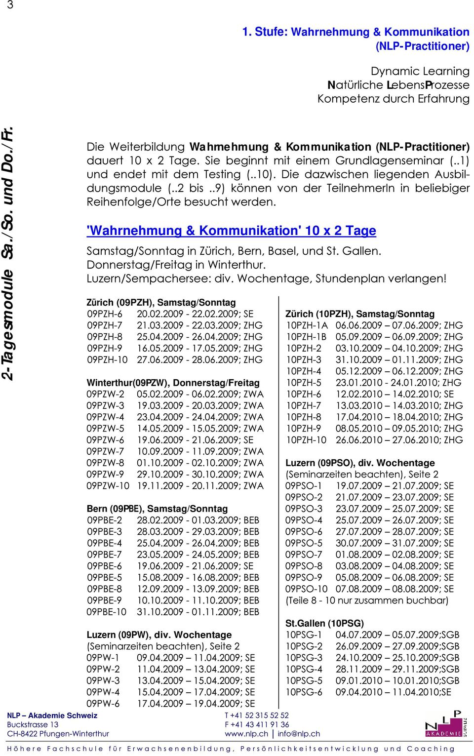 (09PZH), Samstag/Sonntag Zürch (10PZH), Samstag/Sonntag Wnterthur(09PZW), Donnerstag/Fretag