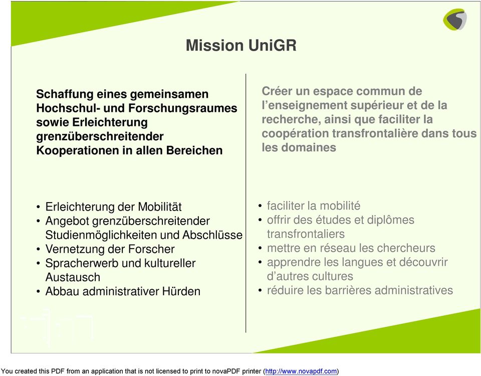 grenzüberschreitender Studienmöglichkeiten und Abschlüsse Vernetzung der Forscher Spracherwerb und kultureller Austausch Abbau administrativer Hürden faciliter la