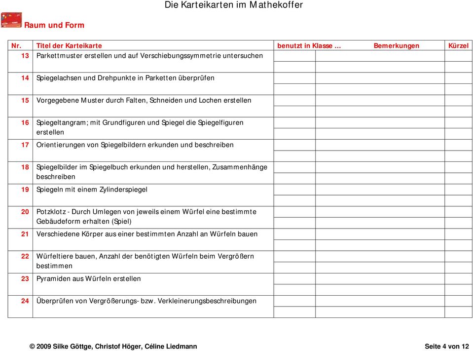 herstellen, Zusammenhänge beschreiben 19 Spiegeln mit einem Zylinderspiegel 20 Potzklotz - Durch Umlegen von jeweils einem Würfel eine bestimmte Gebäudeform erhalten (Spiel) 21 Verschiedene Körper