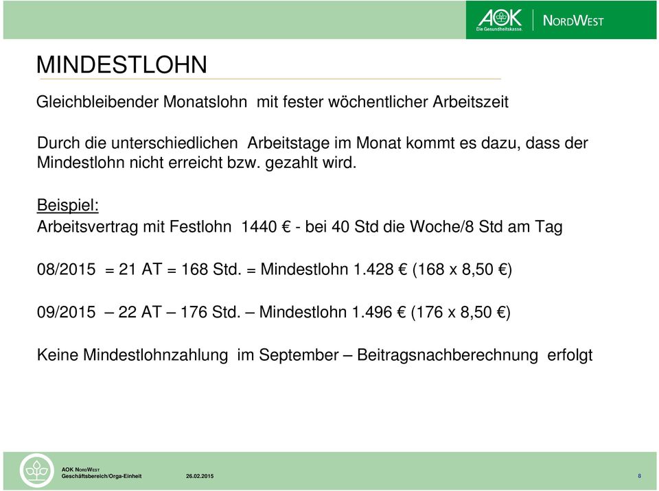 Beispiel: Arbeitsvertrag mit Festlohn 1440 - bei 40 Std die Woche/8 Std am Tag 08/2015 = 21 AT = 168 Std. = Mindestlohn 1.