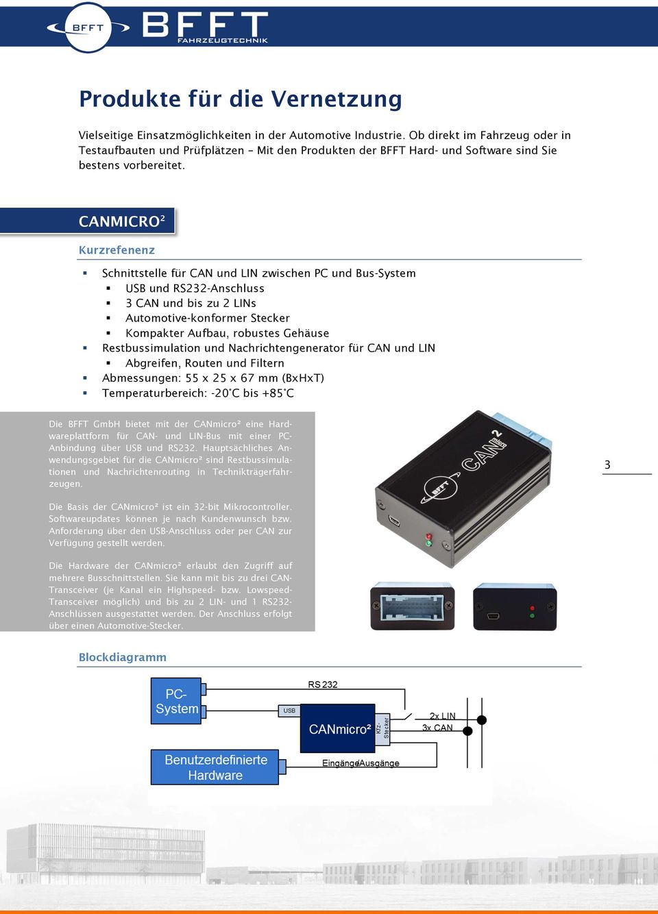 CANMICRO 2 Kurzrefenenz Schnittstelle für CAN und LIN zwischen PC und Bus-System USB und RS232-Anschluss 3 CAN und bis zu 2 LINs Automotive-konformer Stecker Kompakter Aufbau, robustes Gehäuse
