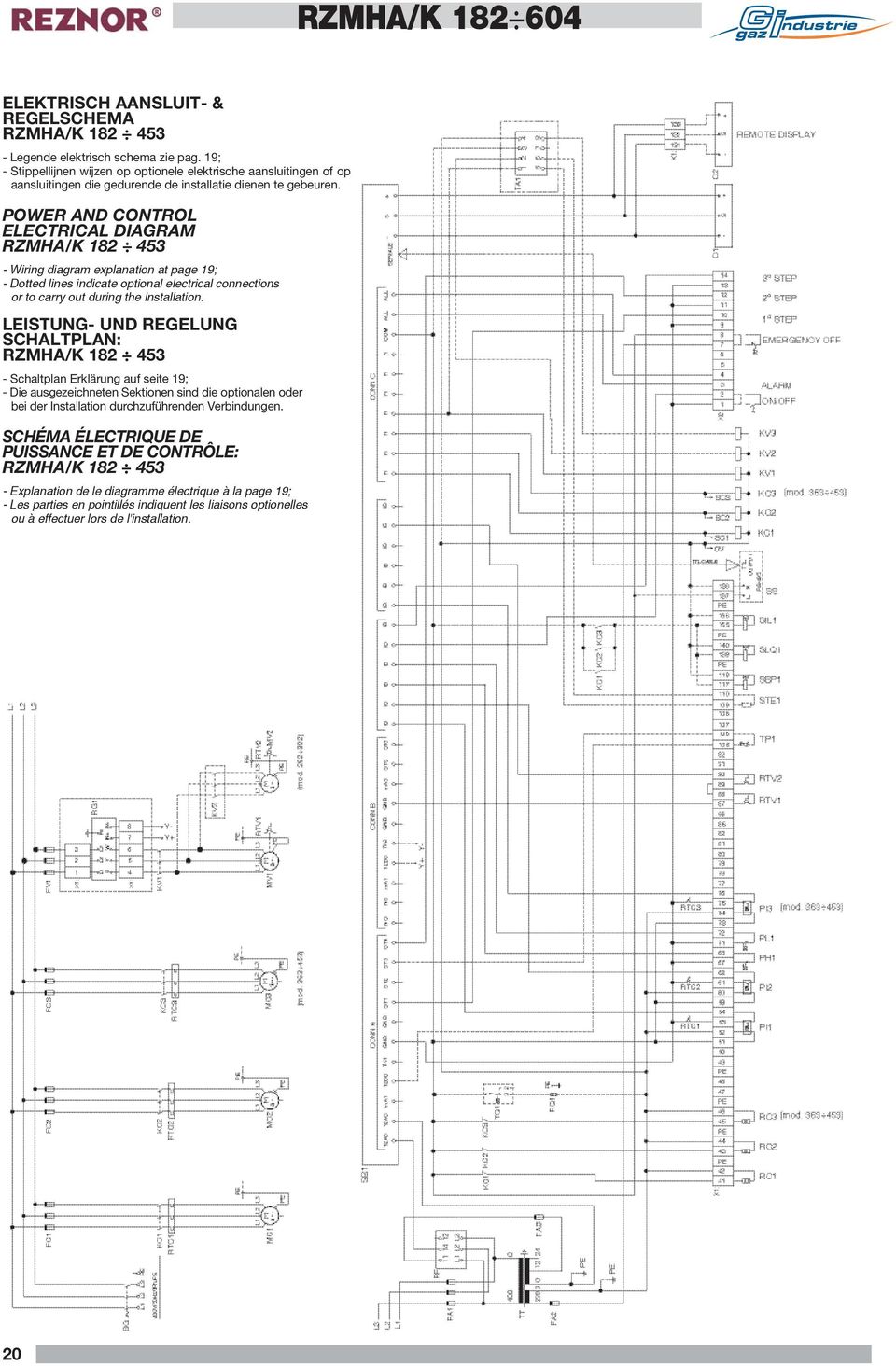 POWER AND CONTROL ELECTRICAL DIAGRAM RZMHA/K 182 453 - Wiring diagram explanation at page 19; - Dotted lines indicate optional electrical connections or to carry out during the installation.