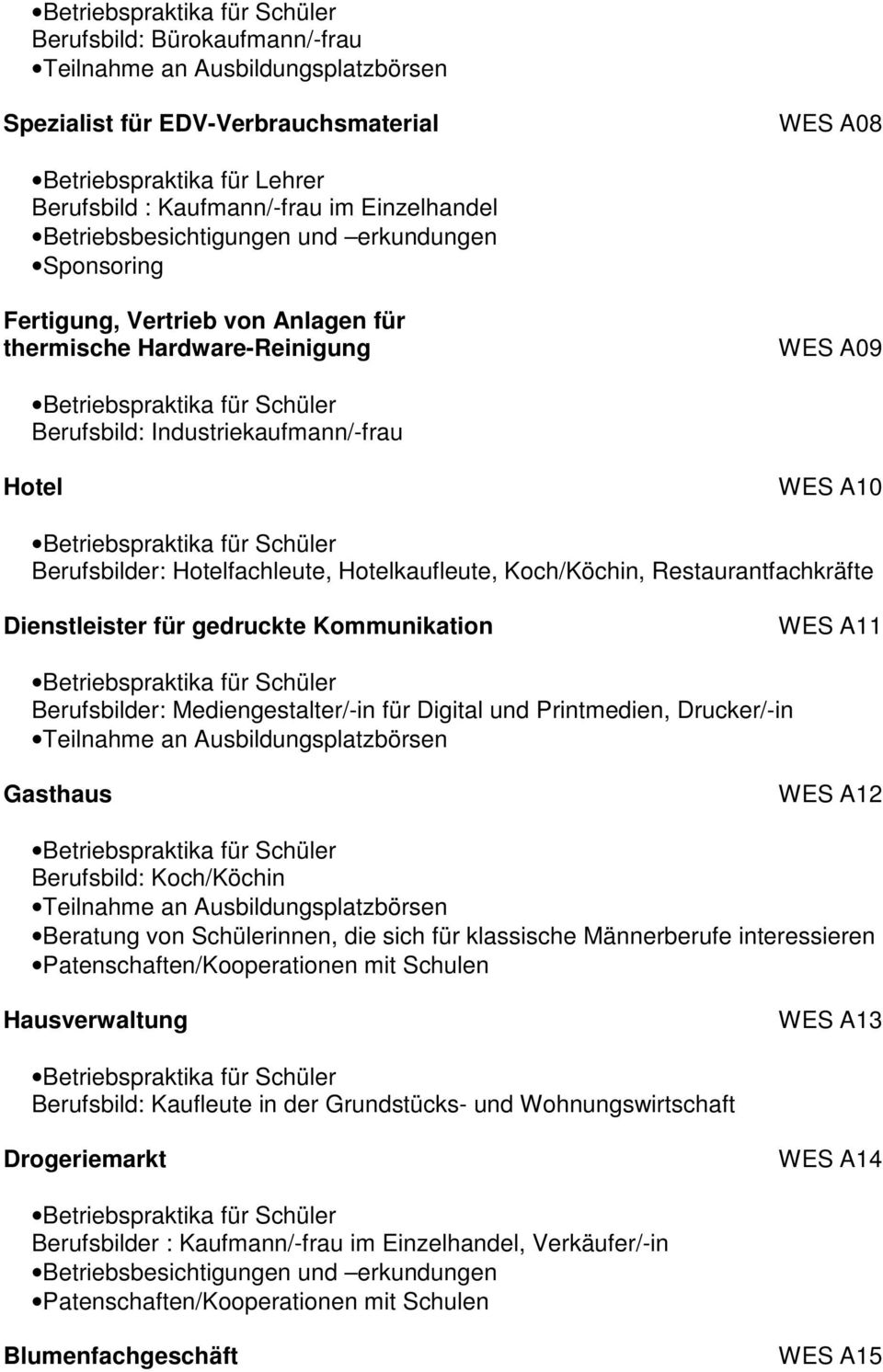 Kommunikation WES A11 Berufsbilder: Mediengestalter/-in für Digital und Printmedien, Drucker/-in Gasthaus WES A12 Berufsbild: Koch/Köchin Beratung von Schülerinnen, die sich für klassische