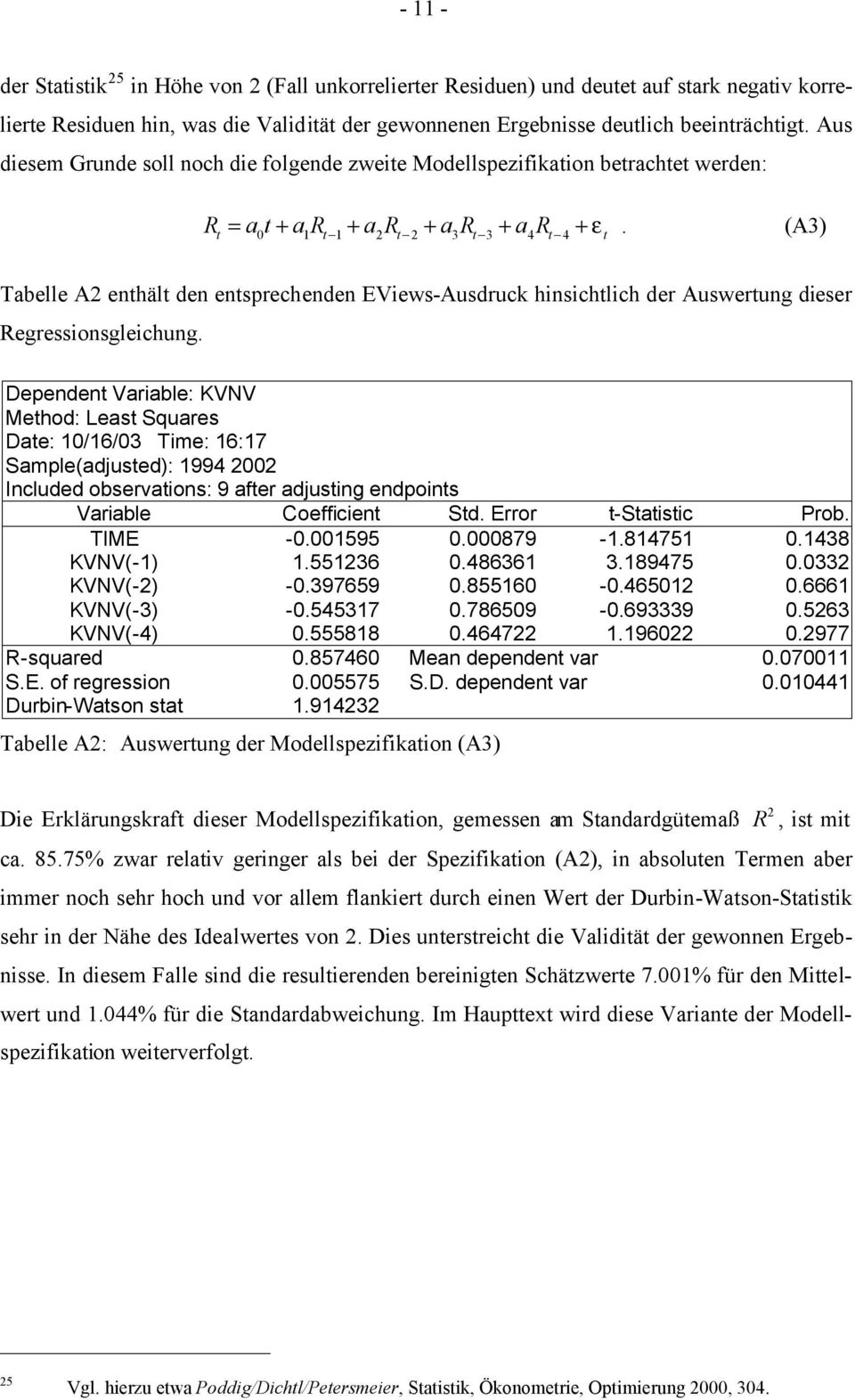 (A3) Tabelle A2 enthält den entsprechenden EViews-Ausdruck hinsichtlich der Auswertung dieser Regressionsgleichung.