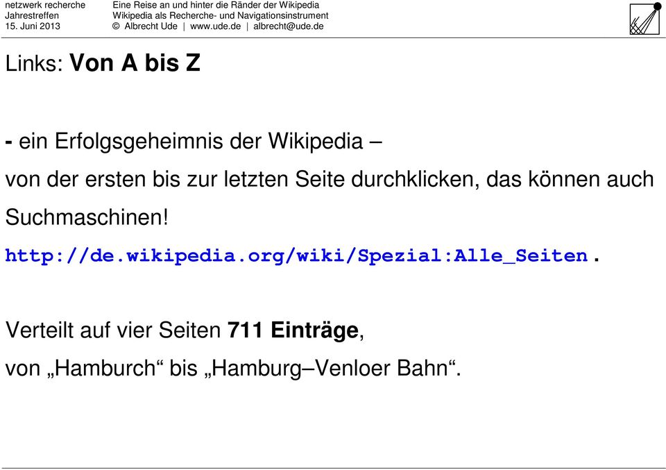 Suchmaschinen! http://de.wikipedia.org/wiki/spezial:alle_seiten.