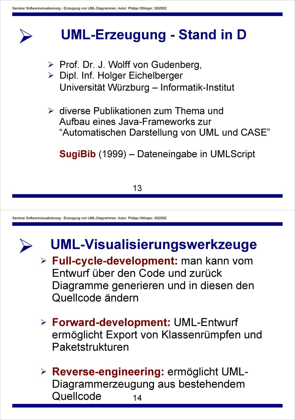 Darstellung von UML und CASE SugiBib (1999) Dateneingabe in UMLScript 13 UML-Visualisierungswerkzeuge Full-cycle-development: man kann vom Entwurf über