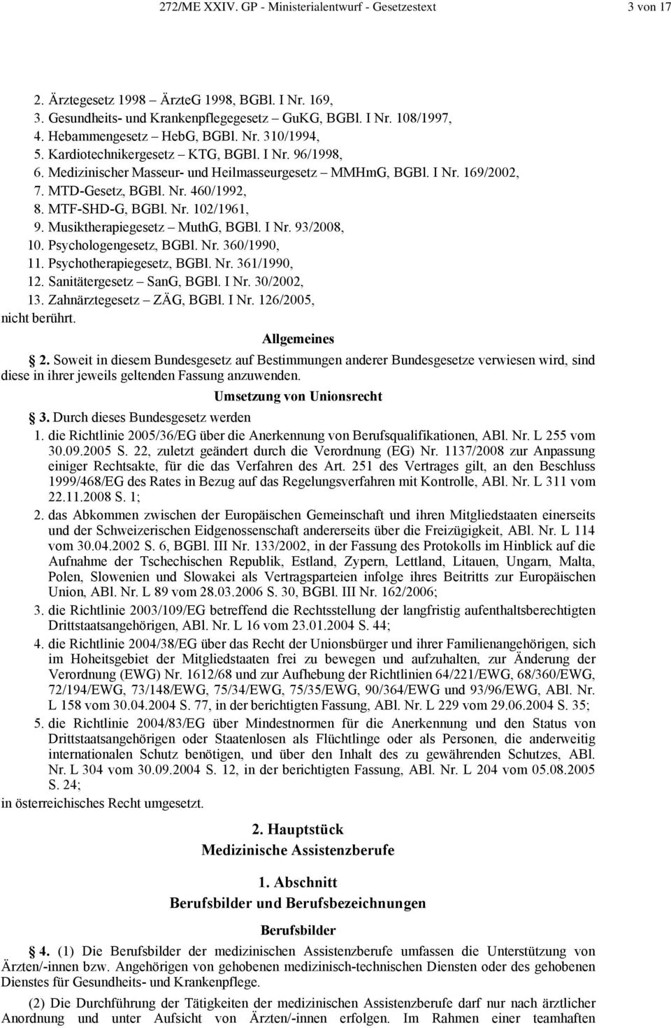 MTF-SHD-G, BGBl. Nr. 102/1961, 9. Musiktherapiegesetz MuthG, BGBl. I Nr. 93/2008, 10. Psychologengesetz, BGBl. Nr. 360/1990, 11. Psychotherapiegesetz, BGBl. Nr. 361/1990, 12.
