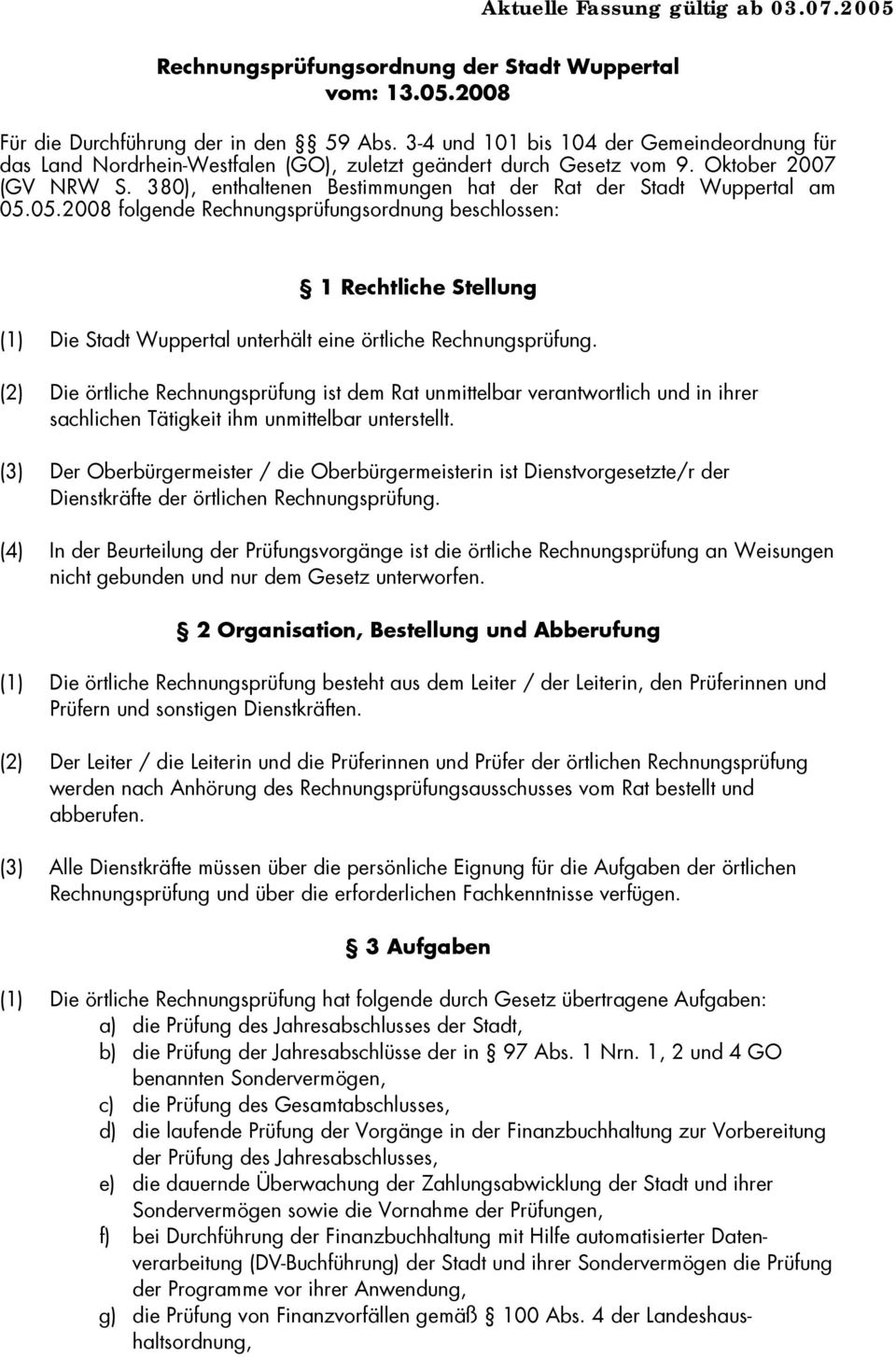 380), enthaltenen Bestimmungen hat der Rat der Stadt Wuppertal am 05.