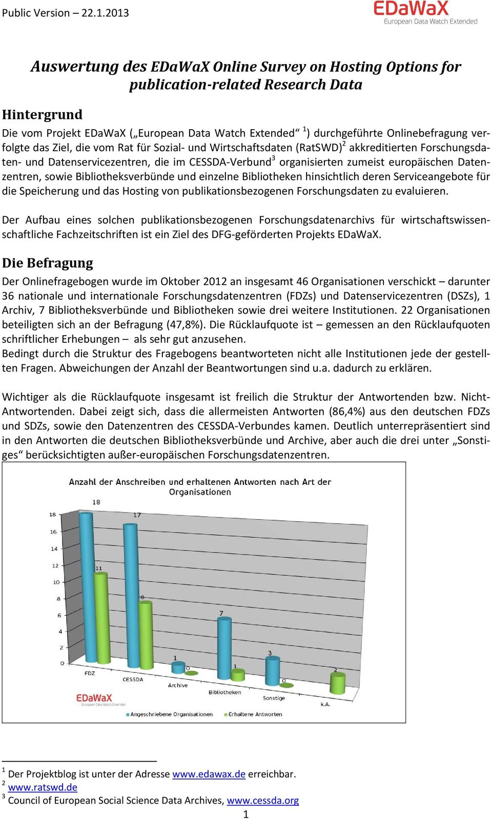 Datenzentren, sowie Bibliotheksverbünde und einzelne Bibliotheken hinsichtlich deren Serviceangebote für die Speicherung und das Hosting von publikationsbezogenen Forschungsdaten zu evaluieren.