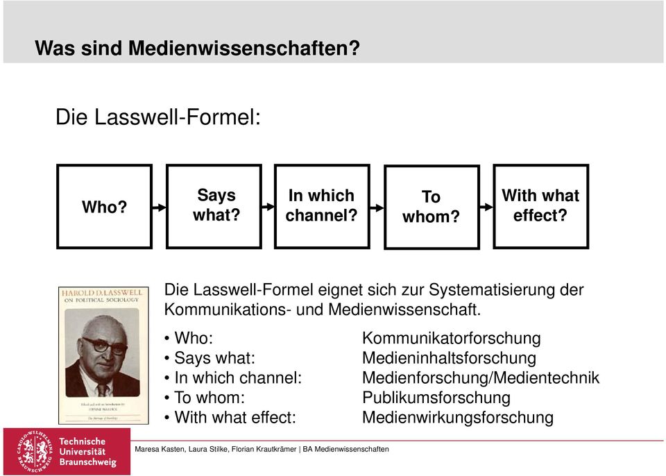 Die Lasswell-Formel eignet sich zur Systematisierung der Kommunikations- und Medienwissenschaft.
