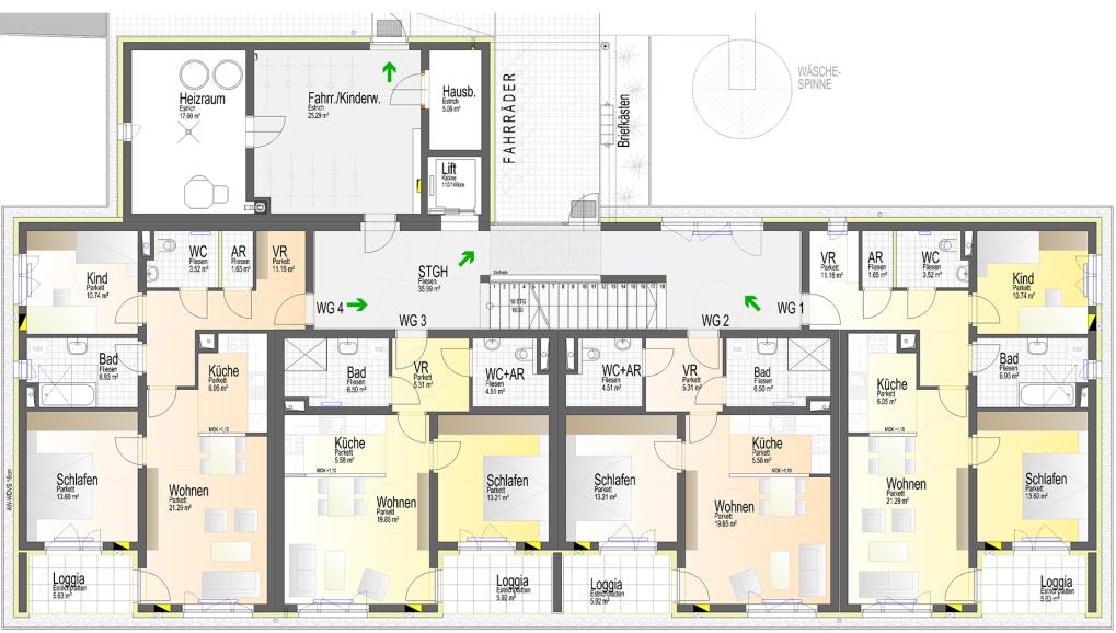 Grundriss Erdgeschoß 3-Zimmer 2-Zimmer 2-Zimmer 3-Zimmer WG 4 74,96 + 5,63 (Loggia) 80,59 m² WG 3