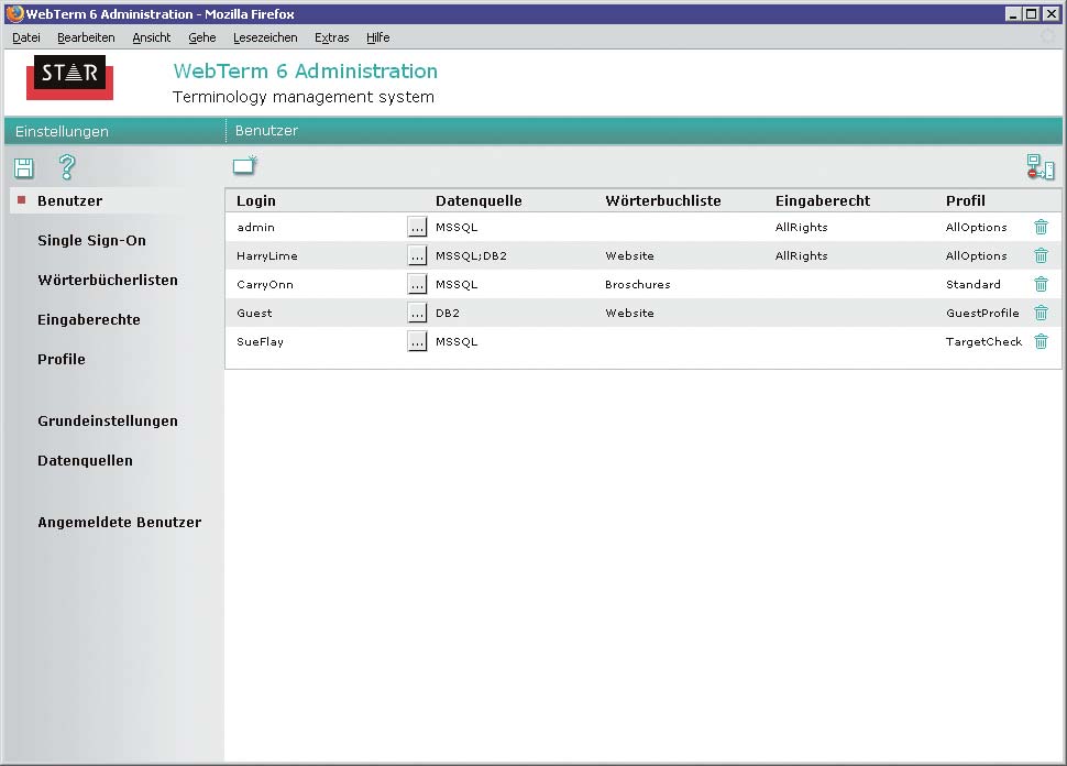 Administration WebTerm 6 stellt eine Administrations-Oberfläche zur Verfügung, mit der Sie schnell und einfach beliebige Benutzer einrichten können: Jedem Nutzer, jeder Gruppe oder internen