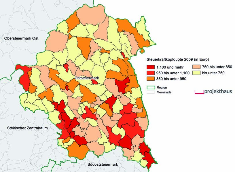 4 Wirtschaftsstruktur und arbeitsmarkt Karte 6: Steuerkraftkopfquoten 2009 Quelle: Landesstatistik Steiermark; Datengrundlage: GIS Steiermark Einkommen Das Einkommensniveau einer Region wird von der
