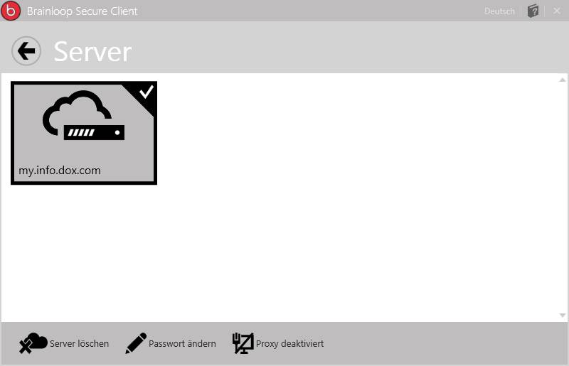4.2 Dox-Server löschen Falls sich der Dox-Server oder Ihr Benutzername geändert haben, müssen Sie zuerst den bestehenden Server löschen und danach den neuen Dox-Server einrichten. 1.