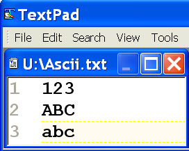 2.4. Übungsaufgaben 1.) Installieren Sie Textpad auf ihrem Rechner zuhause. 2.) Erzeugen Sie eine Datei Ascii.txt mit folgendem Inhalt. Wie groß ist diese Datei (in Bytes)? 3.
