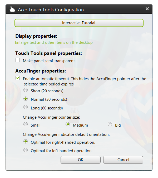 Acer Touch-Werkzeuge - 45 Einstellungen Sie können die Einstellungen auf Ihre Bedürfnisse einstellen, einschließlich der Einstellung der AccuFinger Zeigergröße