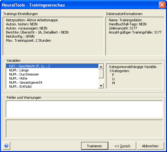der Daten herausgefunden. Für die Suche mittels Bestes Netz muss daher auf der Registerkarte Trainieren die Option Autom. testen ausgewählt werden.