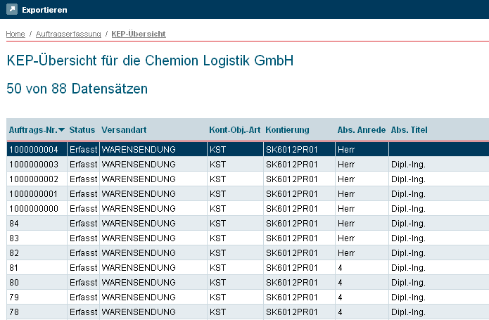 Chemion Serviceportal: KEP-Übersicht Zum Exportieren der Übersicht in eine