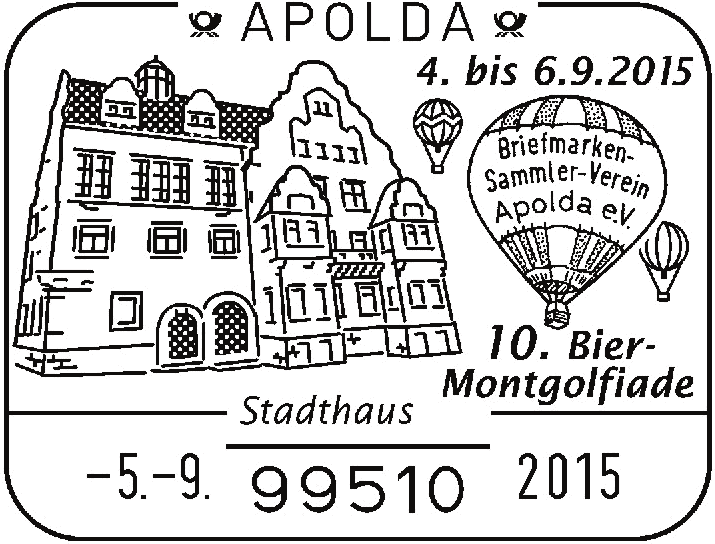 99510 APOLDA - 5.9.2015 Stempelnr.: 16/244 Sonderstempel 10. Bier-Montgolfiade In der Aue (Sportplatz), Apolda BSV Apolda e.v., Jörg Mehner, Rudolf-Breitscheid-Str. 14, 99510 Apolda 4. bis 6.9.2015 / Briefmarken- / Sammler-Verein / Apolda e.