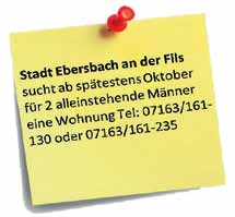 Ebersbacher Stadtblatt www.ebersbach.de Wohnungen gesucht Für die erste Unterbringung von Asylbewerbern nach dem Verlassen der zentralen Aufnahmestellen des Landes sind die Landkreise zuständig.