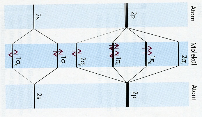 σ Orbitale Ψ = c 1 ψ A,2s + c 2 ψ A,2pz + c 3 ψ B,2s + c 4 ψ B,2pz Ψ 2σg/u = c 1 ψ A,2s ± c 3 ψ B,2s (+ bindend, - antibindend) Ψ 2σg/u = c 2 ψ A,2pz ± c 4 ψ B,2pz (- bindend, +