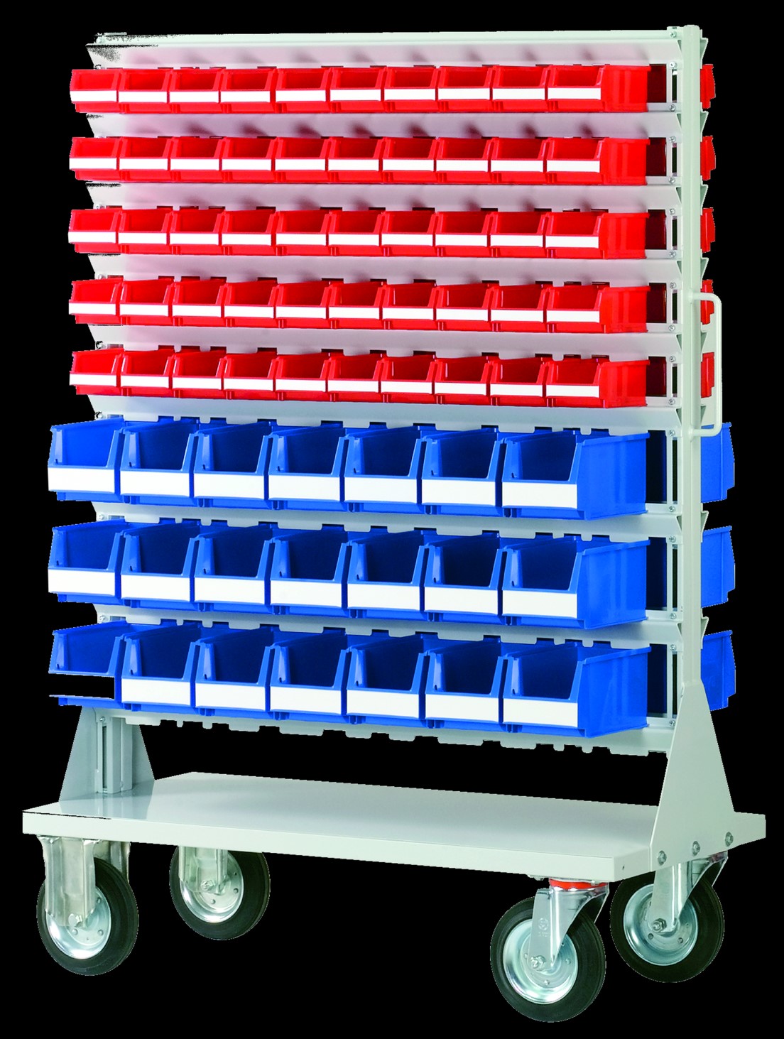 Komplettsystem Sichtlagerkästen Ständerregale und Fahrregale abgestimmt auf das Sicht- blau rot grün gelb transparent kastensystem erleichtern den Transport von Kleinteilen im Betrieb.
