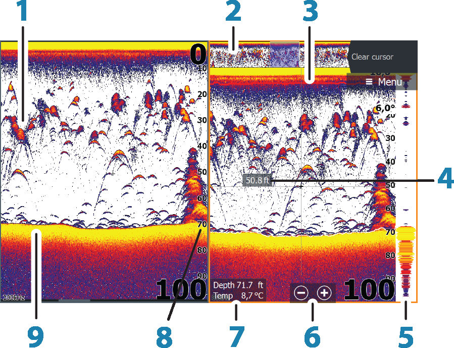 7 Sonar Die Sonar-Funktion ermöglicht die Anzeige des Wassers und des Grundes unter Ihrem Schiff, sodass Sie Fische erkennen und die Struktur des Meeresgrundes untersuchen können.